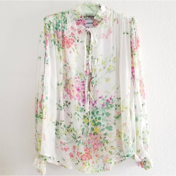 NWT Sabina Musayev Floral Puff Sleeve Tie Top Size S White Multicolor - Picture 3 of 4